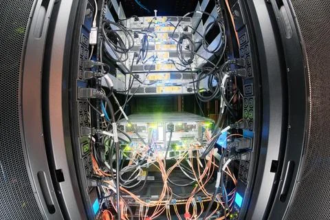 Server rack. Data center for machine learning. Servers for training compute.. Stock Photos