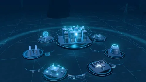 Server Rack Data Flow Tower Circled By Floating Data Center Platforms Stock Footage 344015536