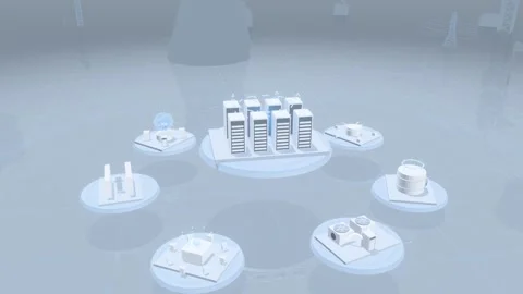 Server Rack Data Flow Tower Circled By Floating Data Center Platforms In A Stock Footage 344106487