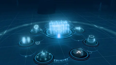 Server Rack Data Flow Tower Circled By Floating Data Center Platforms As A Stock Footage 344395760