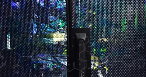 Server rack door being rendered in 3D, with hex mesh handle and glowing LED 스톡 동영상 307462918