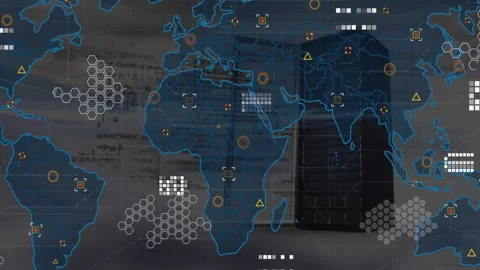 Server rack door swinging open starting world map expanding with icons popping Stock Footage 314408059