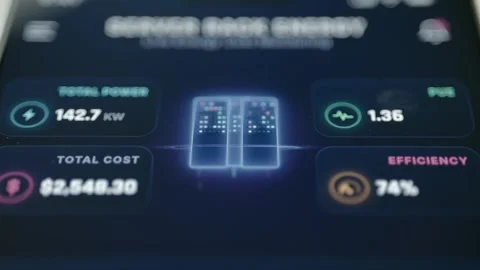 Server Rack Energy Dashboard Showing Cost Efficiency And Capacity 4K Stock Footage 341861601