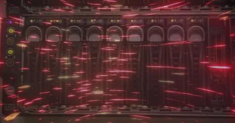 Server rack with glowing lights and digital effects creating futuristic Stock Illustration