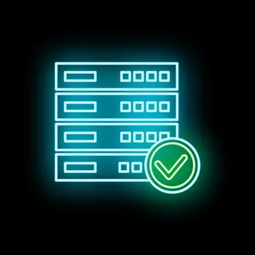 Server rack glowing neon checkmark secure hosting 스톡 일러스트