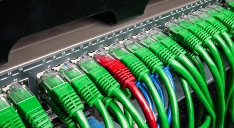 Server rack with green and red internet patch cord cables Stock Photos