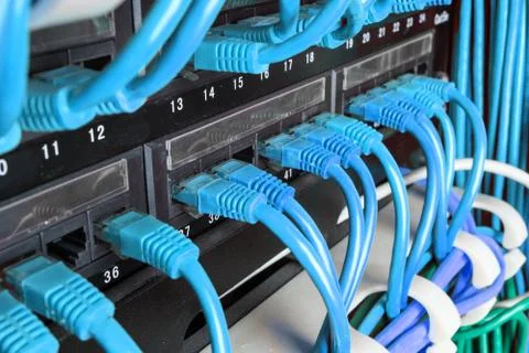 Server rack with green cables Stock Photos