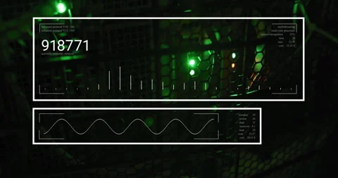 Server rack grill showing performance metrics, with floating UI panels and LED Stock Footage 309111450