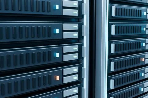 Server rack hardware close up with blue lights, 3D render Stock Photos