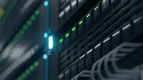 Server Rack Illuminated With Green Lights in Data Center With Cables Stock Footage 318168581