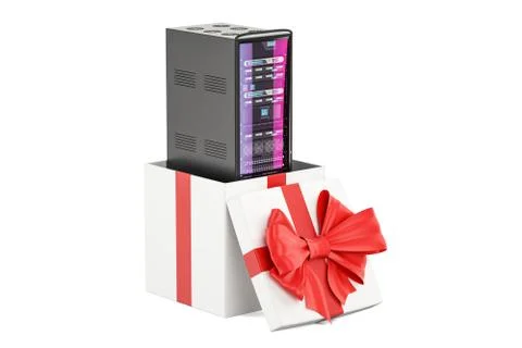 Server rack inside gift box, gift concept. 3D rendering Stock Illustration