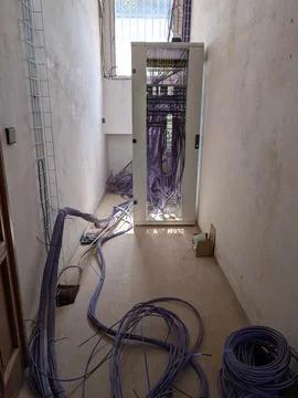 Server Rack Installation: Complex Network Cable Setup Stock Photos