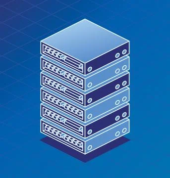 Server Rack Isometric Outline Object on Blue Background. Stock Illustration