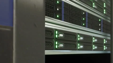Server rack with lights on during a data center operation Stock Footage 348554955