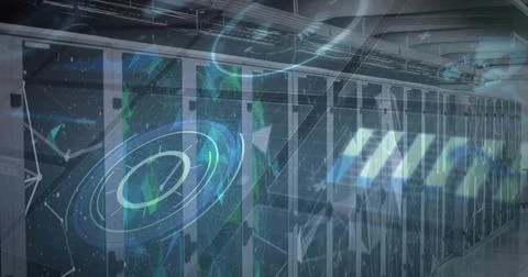 Server rack line displaying holographic data visualizations in data center Stock Photos