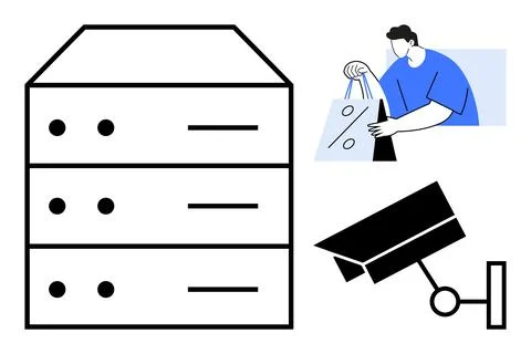 Server rack, man handling data, surveillance camera highlighting information  Stock Illustration