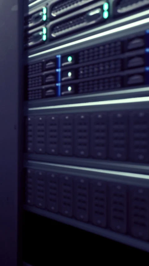 Server rack with multiple storage units in a data center Stock Footage 334175971
