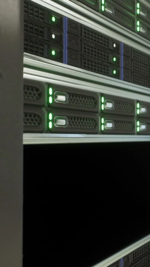 Server rack with multiple storage units and lights at a data center Stock Footage 337927486
