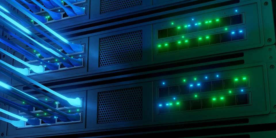 Server Rack Network Cables with Green Status Lights Ilustração Stock