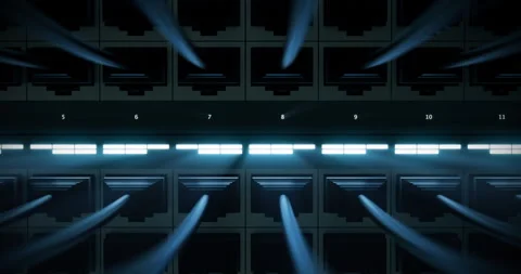 Server rack networking device with plugged cables and blinking status lights. Stock Footage 325836692