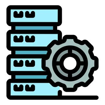 Server rack optimization with gear icon, symbolizing data center maintenance, Illustrazione stock