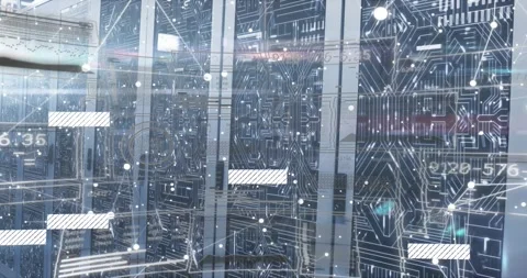 Server rack overlay activating data bars sliding nodes pulsing floating codes Stock Footage 317206865