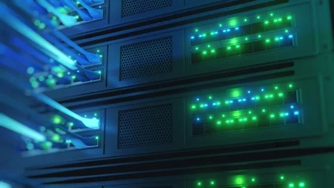 Server Rack Pan Down Camera Move Blue Green LED Ethernet Cable Datacenter 3D Stock Footage 336117658