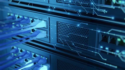 Server Rack Pan Down Digital Line Growing Network Switch Ethernet Cable 3D Stock Footage 336117690