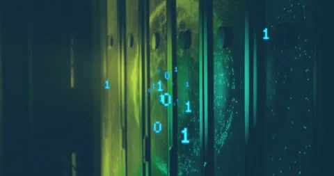 Server rack panels glowing in green light, displaying binary code and Stock Footage 327064708
