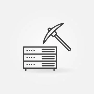 Server Rack with Pickaxe vector outline Data Mining icon Stock Illustration