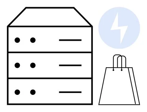 Server rack with power symbol and shopping bag. Ideal for technology, computi Stock Illustration