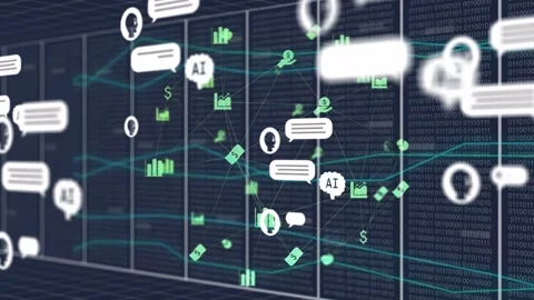 Server rack powering up, data network lighting nodes, streaming teal lines, Stock Footage 334729267