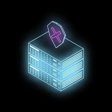 Server rack is protected by shield with cross sign in futuristic neon style 库存插图