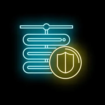 Server rack protecting data with neon shield icon Illustrazione stock