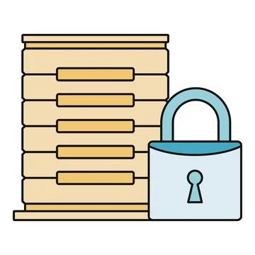 Server rack protecting database with digital padlock security Illustrazione stock