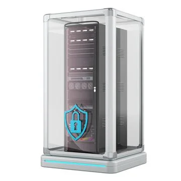 Server rack in protective cabinet with shield lock icon. Cybersecurity, dat.. Stock Illustration