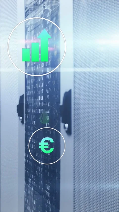 Server rack receiving ping in data center, HUD bar-chart icons emerging, Stock Footage 332747798