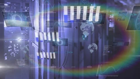 Server rack receiving sliding UI panels offscreen in data center, bars growing, Stock Footage 331227110