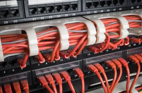 Server rack with red cables Stock Photos