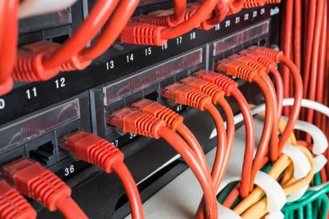 Server rack with red cables Stock Photos