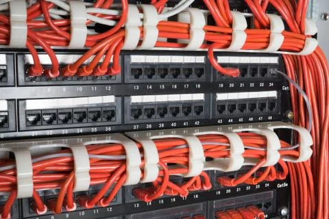 Server rack with red cables Stock Photos
