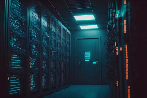 Server rack room with big data cyber network. Green light corridor interior Illustrazione stock