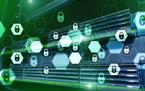 Server rack room digital security data protection concept. Stock Photos