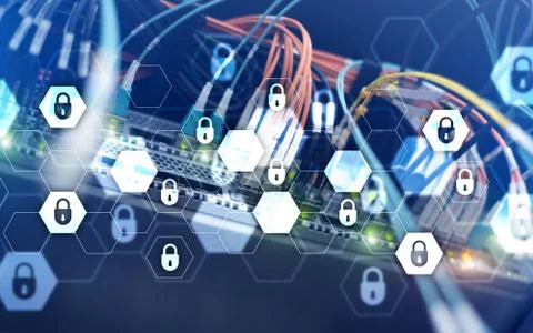 Server rack room digital security data protection concept. Stock Photos
