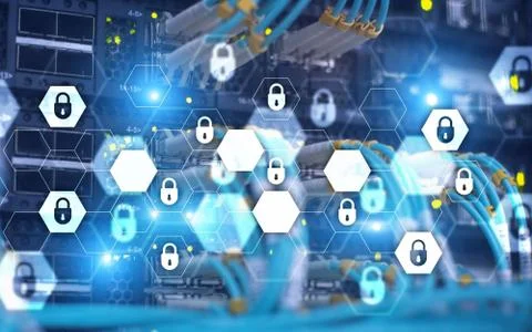 Server rack room digital security data protection concept. Stock Photos