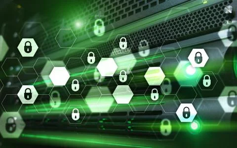 Server rack room digital security data protection concept. Foto stock