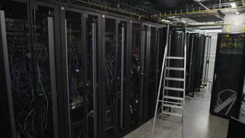 Server Rack Row with Maintenance Ladder in Modern Data Center Stock Footage 330539770