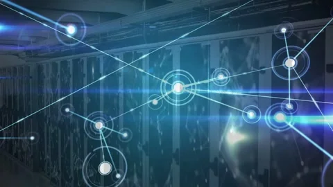 Server rack row visualizing network connectivity in data center, glowing HUD Stock Footage 331736381