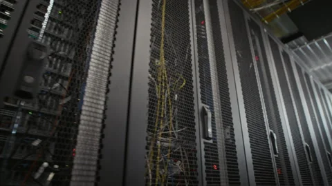 Server Rack Rows with Network Ports and Cables in Data Center Stock Footage 330547435