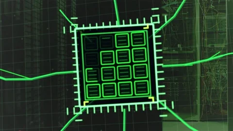 Server rack sending technology signal, neon HUD populating 4x4 module grid Stock Footage 333061299